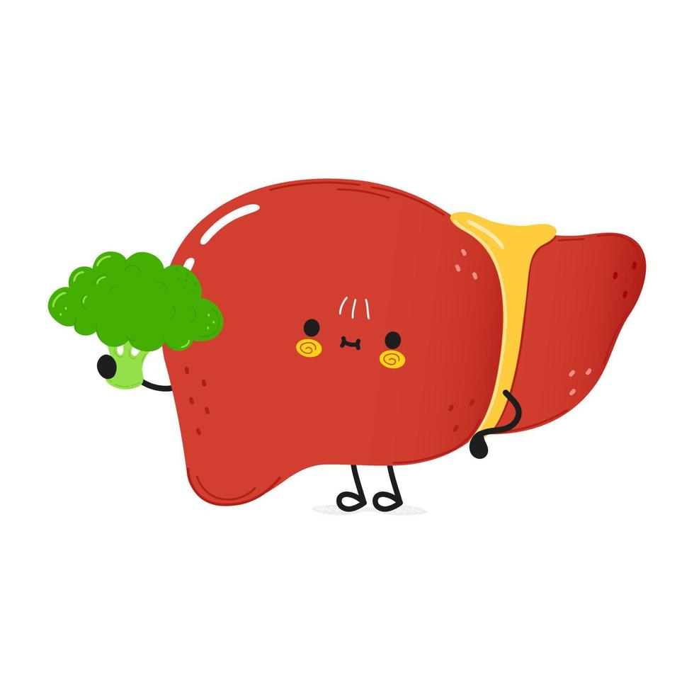 fofa fígado com brócolis. vetor mão desenhado rabisco estilo desenho animado personagem ilustração ícone Projeto. cartão com fofa feliz fígado
