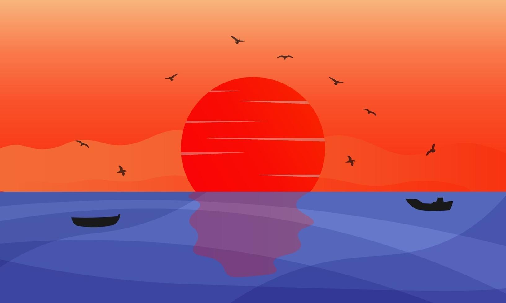 fundo de ilustração do pôr do sol do mar com pássaros e barcos vetor