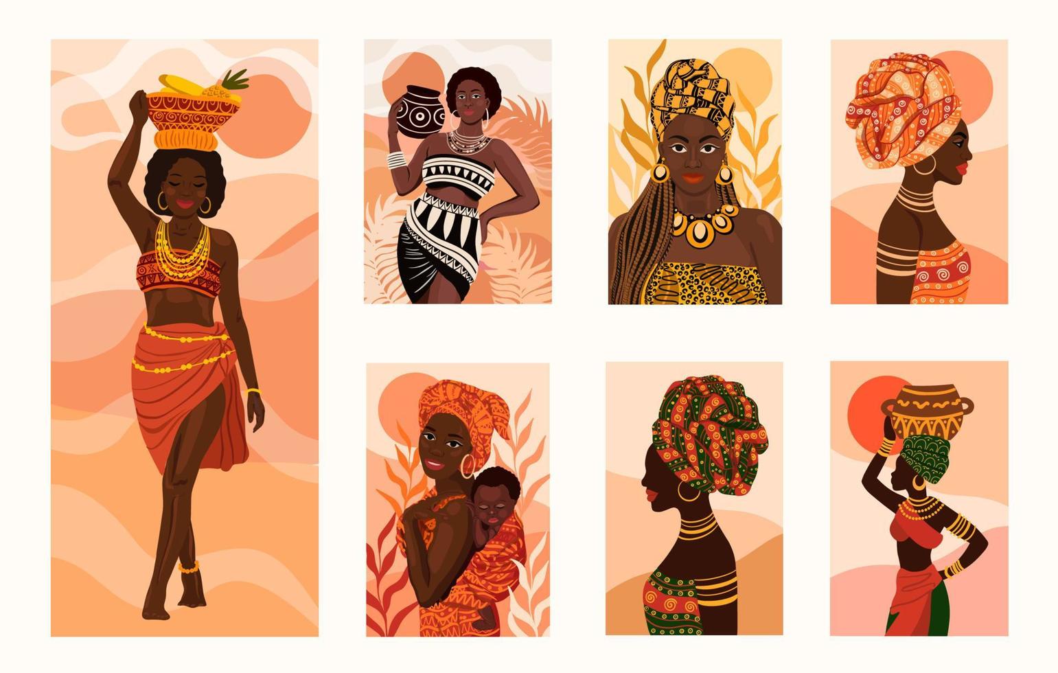 lindo étnico africano mulheres plano estilo retratos coleção. vetor ilustração