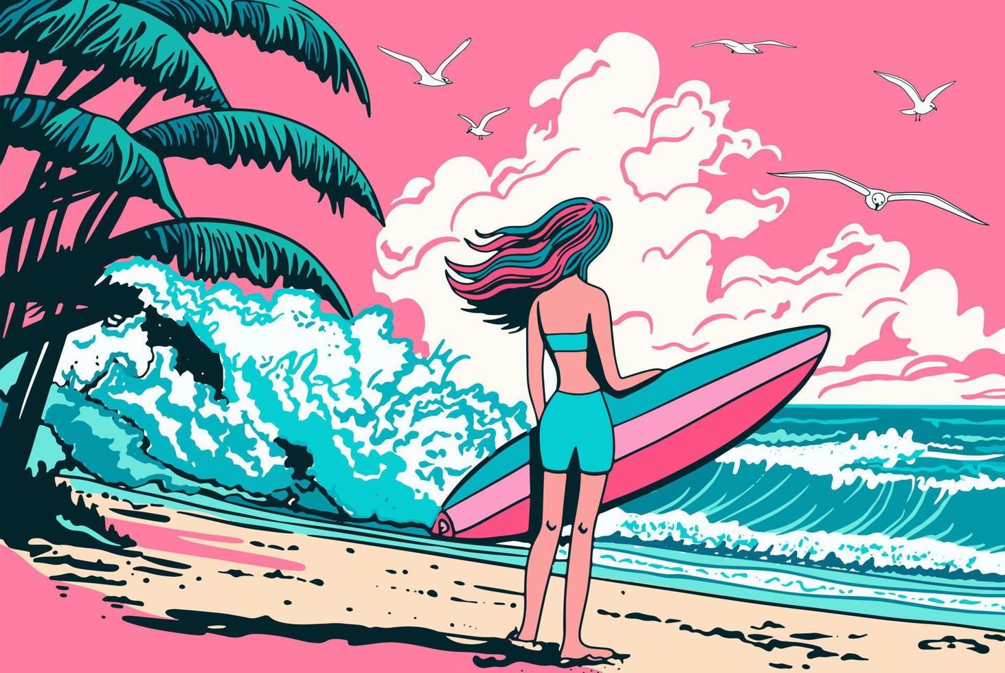 surfista menina em a de praia. mulher com prancha de surfe. desenho animado vetor ilustração