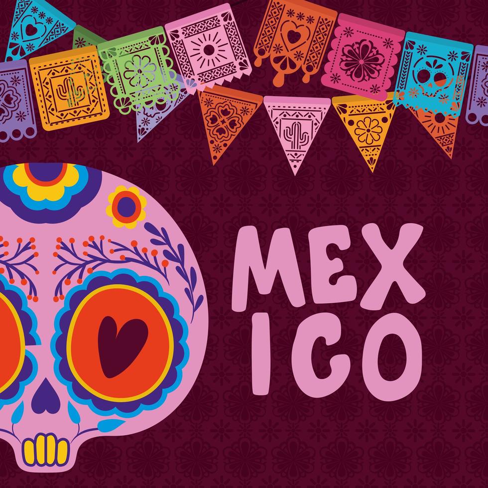 crânio mexicano com flâmula colorida em desenho vetorial de fundo roxo vetor