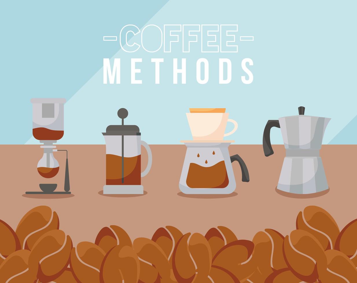 métodos de café com prensa francesa, panela, chaleira e design de vetor de grãos