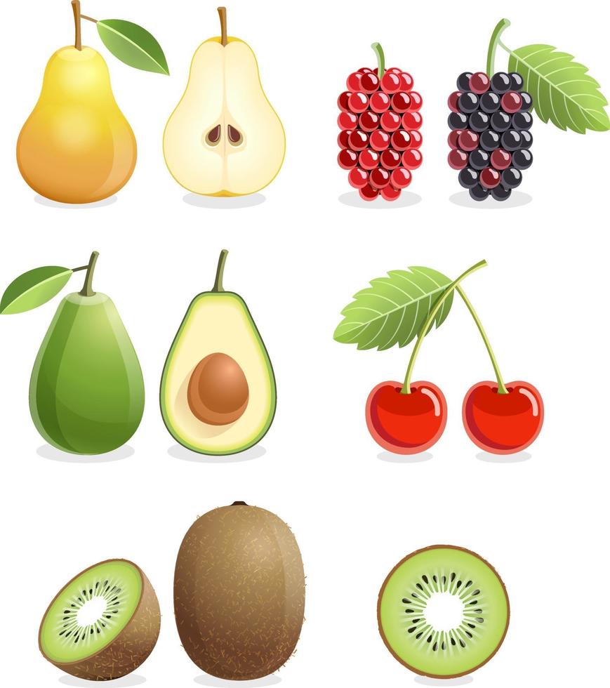 conjunto de ícones coloridos de frutas pêra, amora, cereja, kiwi, abacate. ilustração vetorial. vetor