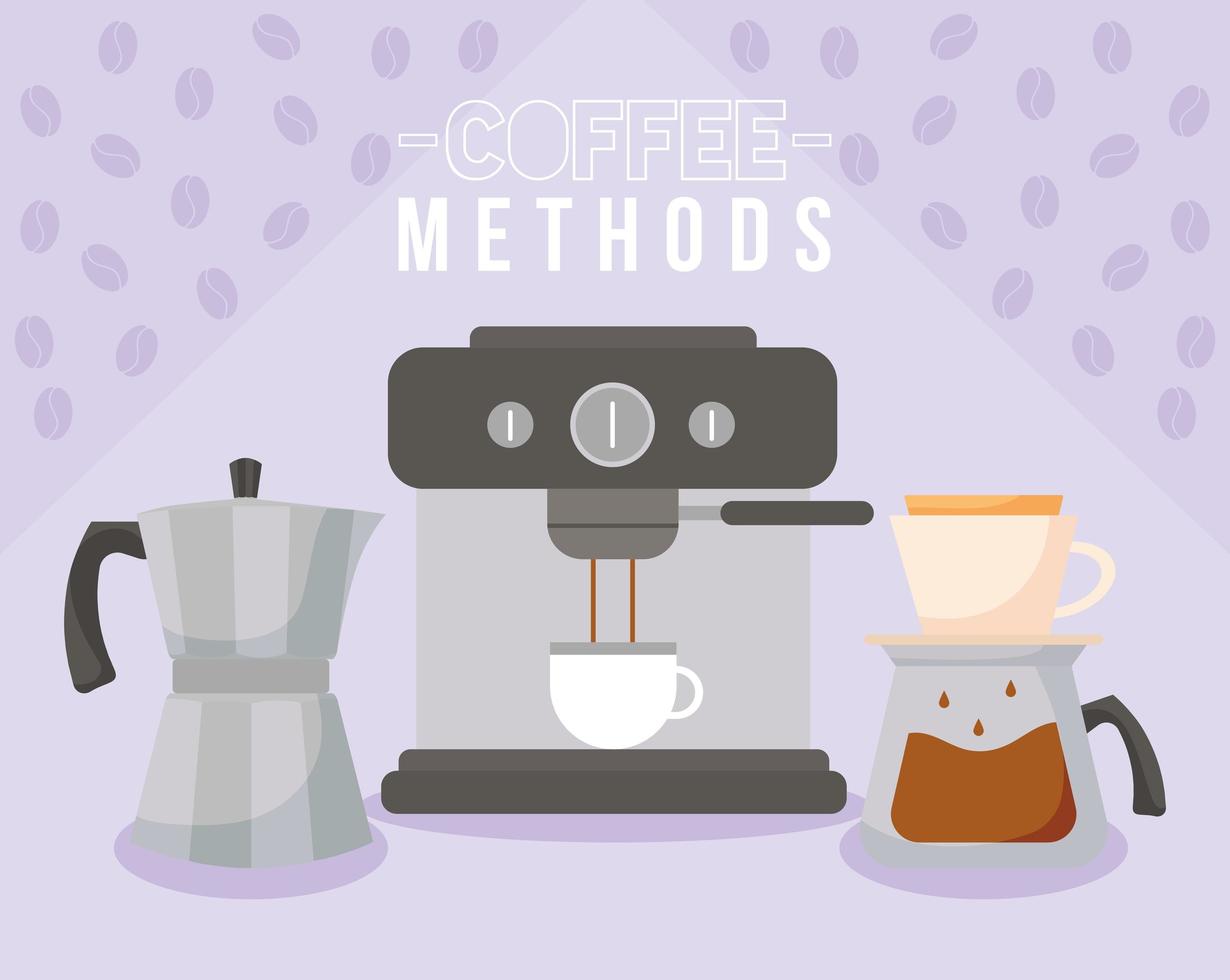 métodos de café com xícara de máquina, chaleira e design de vetor de pote