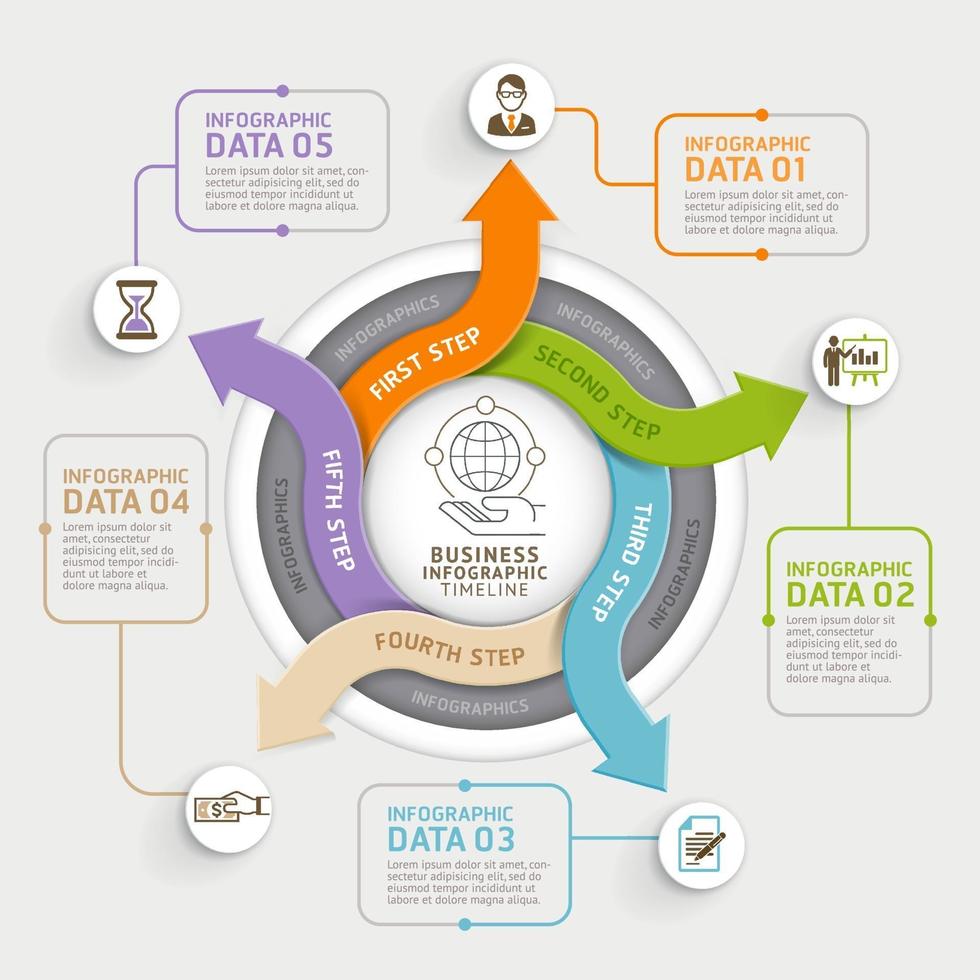 Modelo de infográficos de círculo de seta de 5 etapas. ilustração vetorial. pode ser usado para layout de fluxo de trabalho, diagrama, opções de número, web design e linha do tempo. vetor