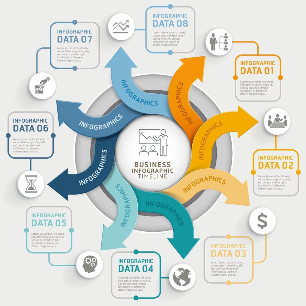 Modelo de infográficos de círculo de seta de 8 etapas. ilustração vetorial. pode ser usado para layout de fluxo de trabalho, diagrama, opções de número, web design e linha do tempo. vetor