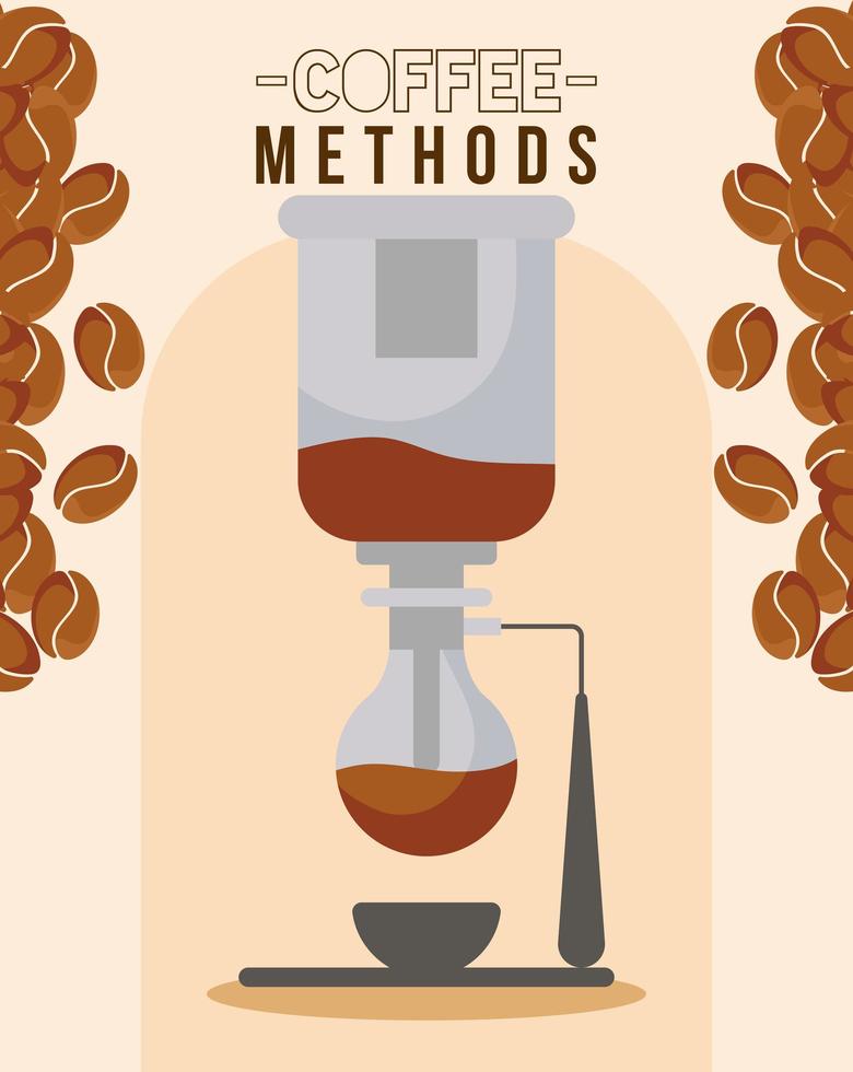 métodos de café com xícara, máquina de sifão e desenho vetorial de grãos vetor