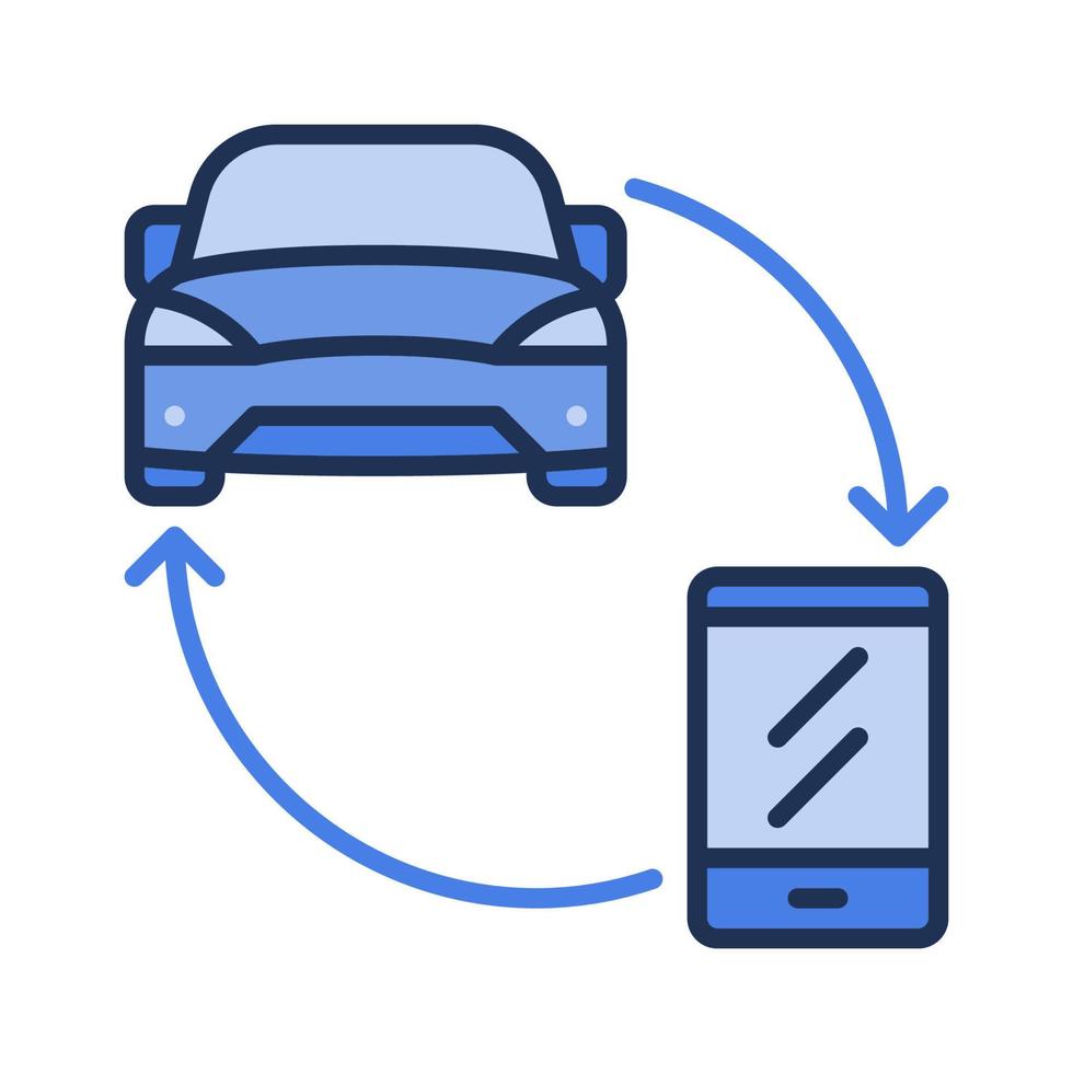 Smartphone conectados carro aluguel vetor conceito azul ícone