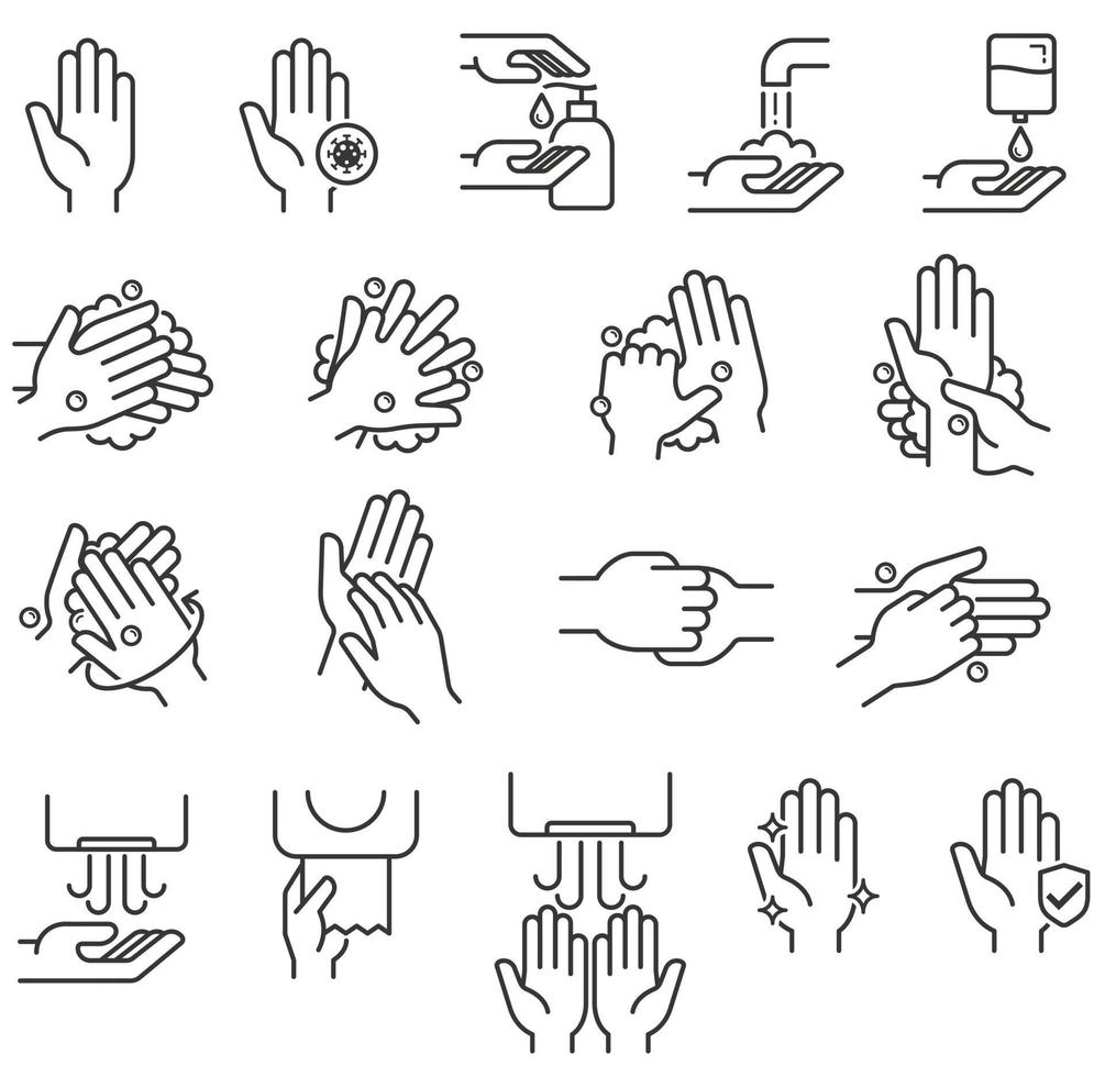 lavagem das mãos etapas ícones ilustrações vetoriais. vetor
