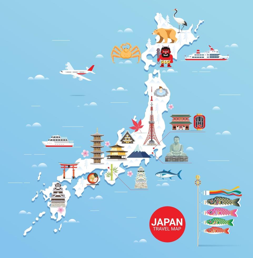 mapa de viagens de marcos famosos do japão vetor
