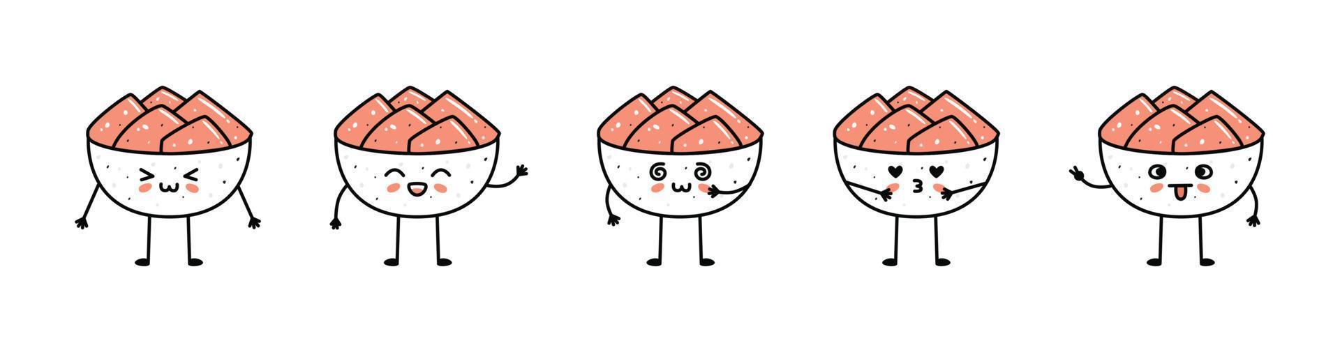 conjunto do kawaii gengibre tigela Sushi mascotes dentro desenho animado estilo vetor