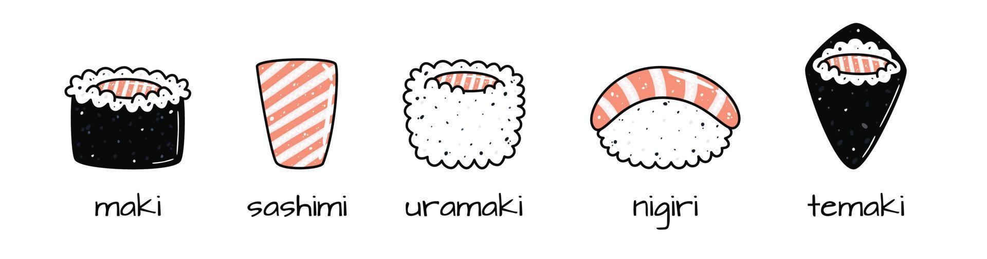 conjunto do kawaii Sushi mascotes dentro desenho animado estilo. diferente tipos do Sushi vetor