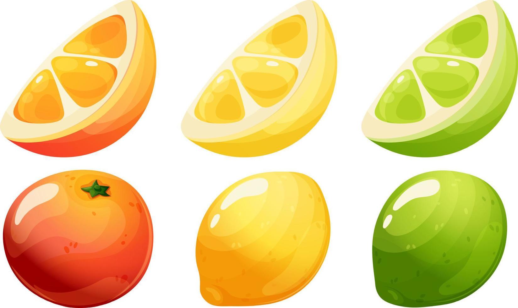 conjunto do desenho animado citrino frutas. laranja, limão, Lima e fatias em transparente fundo vetor