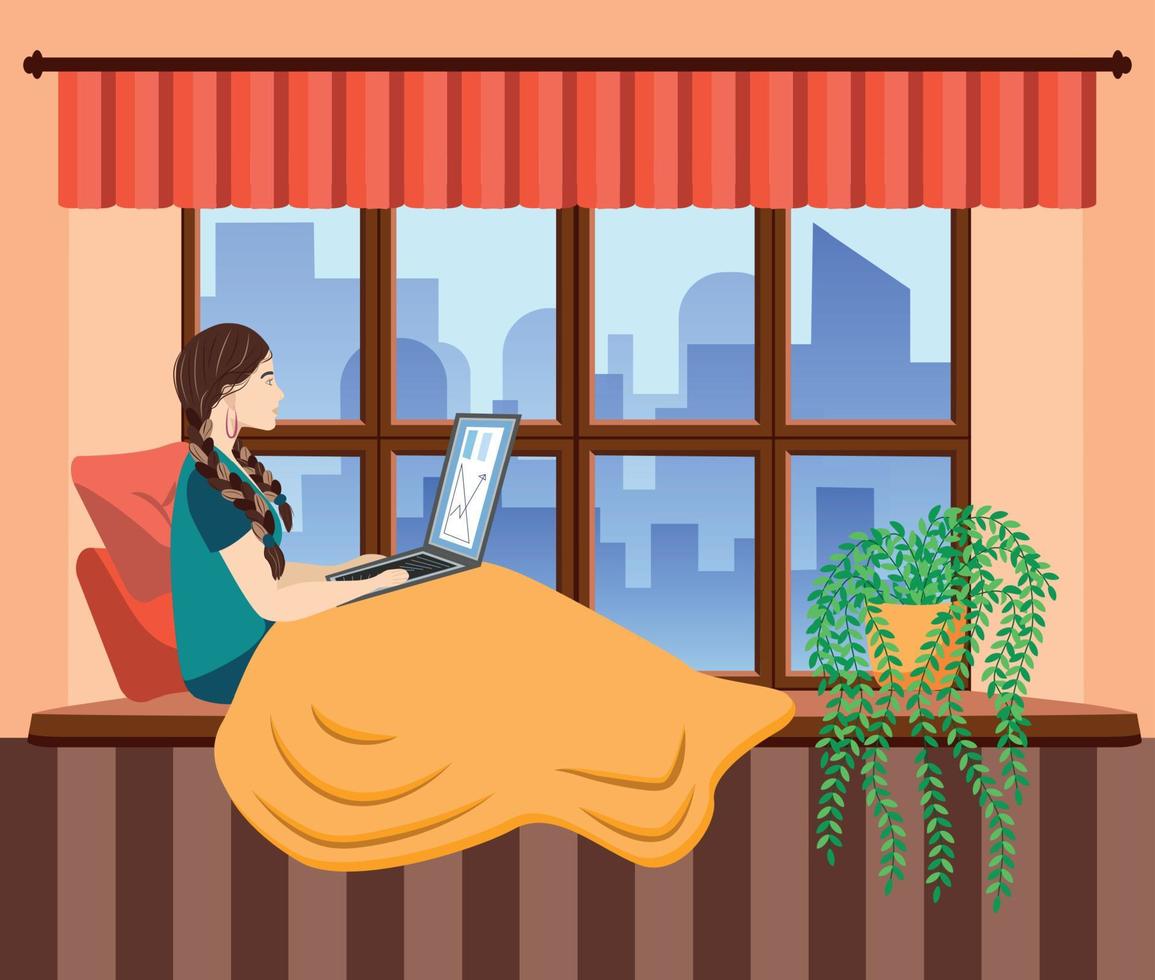 uma mulher trabalho às uma computador portátil enquanto sentado em a peitoril da janela às lar. freelance conceito, quarentena vencimento para COVID-19. vetor