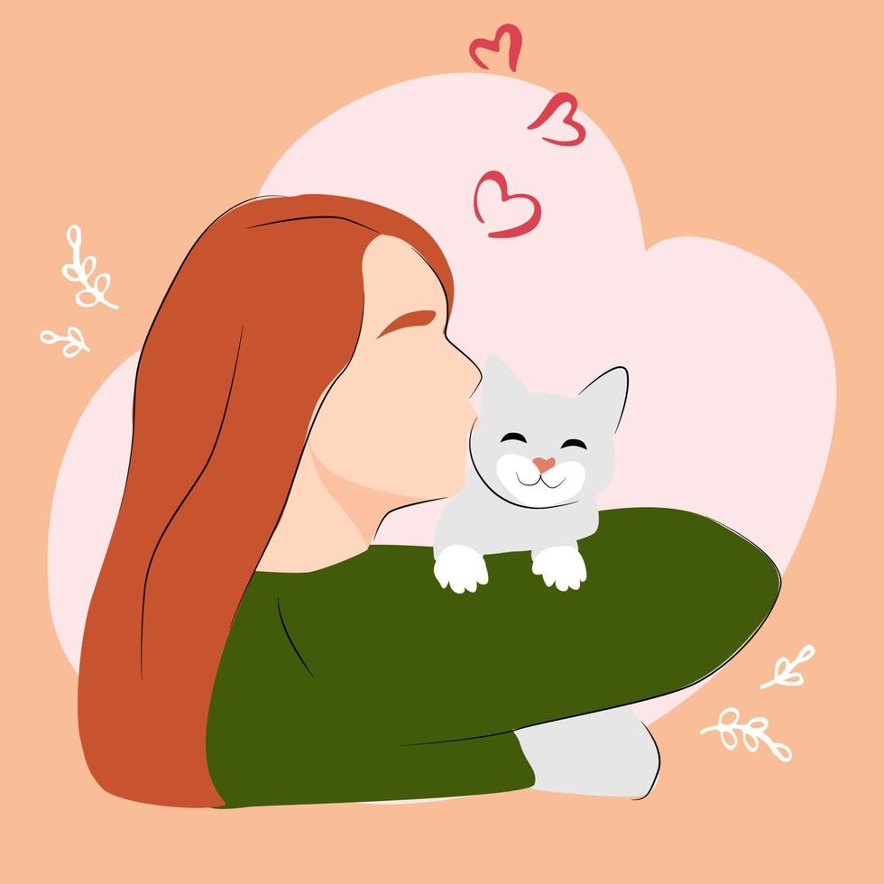 fofa gato e uma garota. vetor ilustração para nacional animal mês, gato fidelidade dia, gato dia. corações fundo. menina se beijando uma animal.