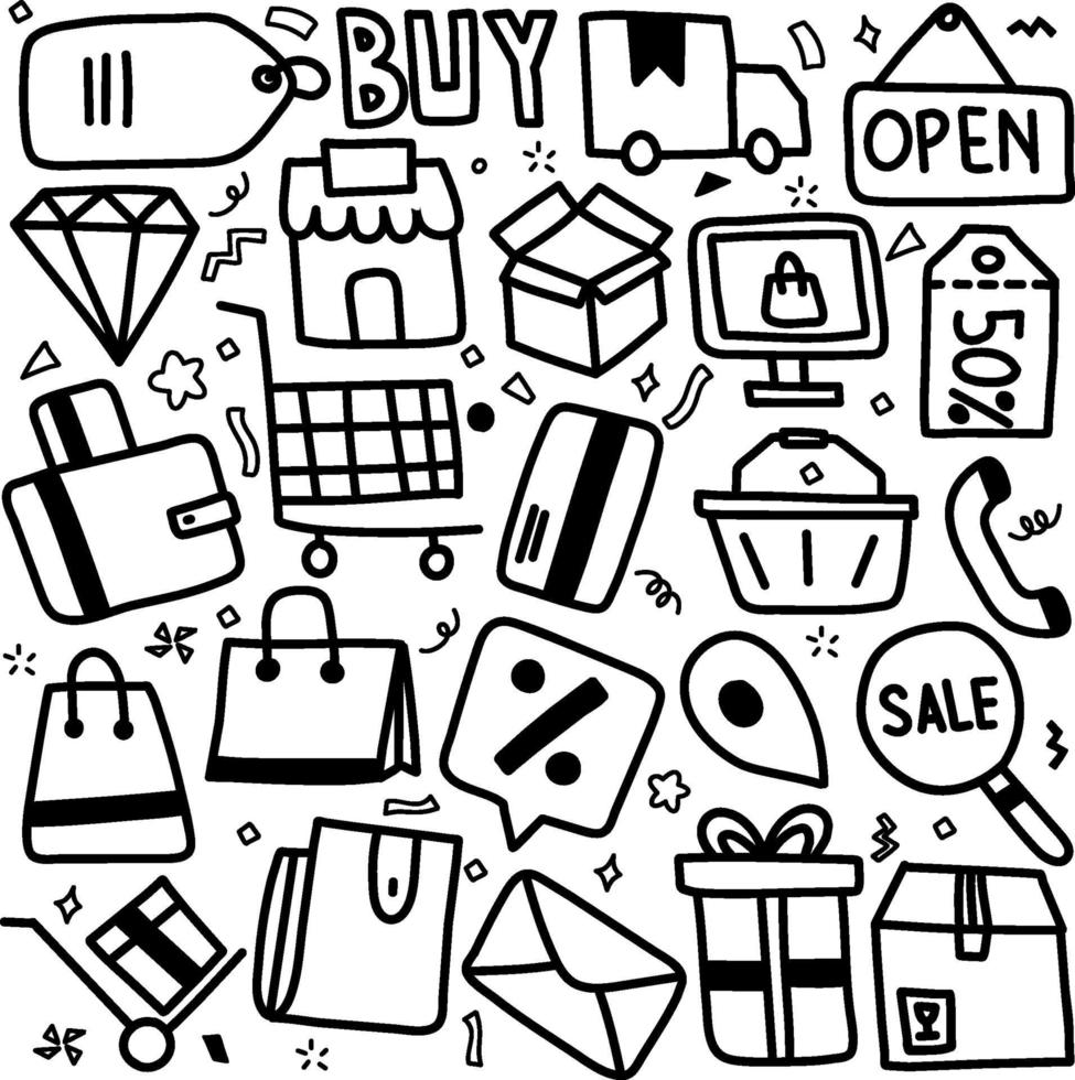 conjunto de elemento doodle relacionado a comércio eletrônico e compras online vetor
