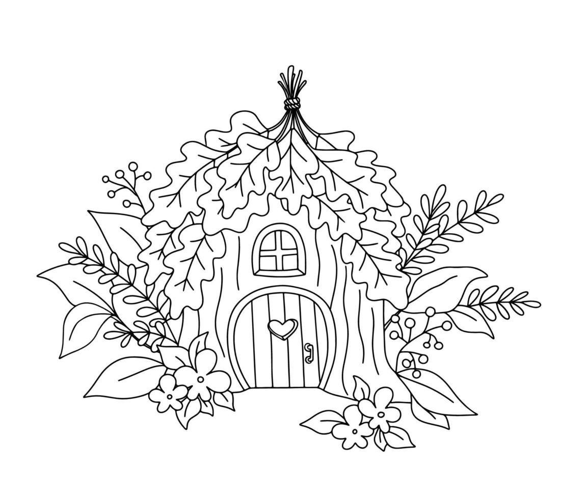 mão desenhado fofa vetor pequeno casa dentro floresta. pequeno rural anão casa isolado em branco. esboço infantil ilustração para coloração livro