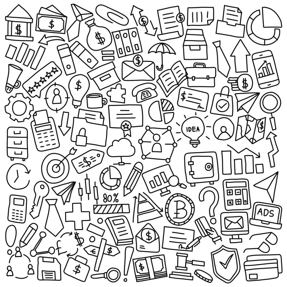 ícones de doodle de material de escritório e negócios vetor