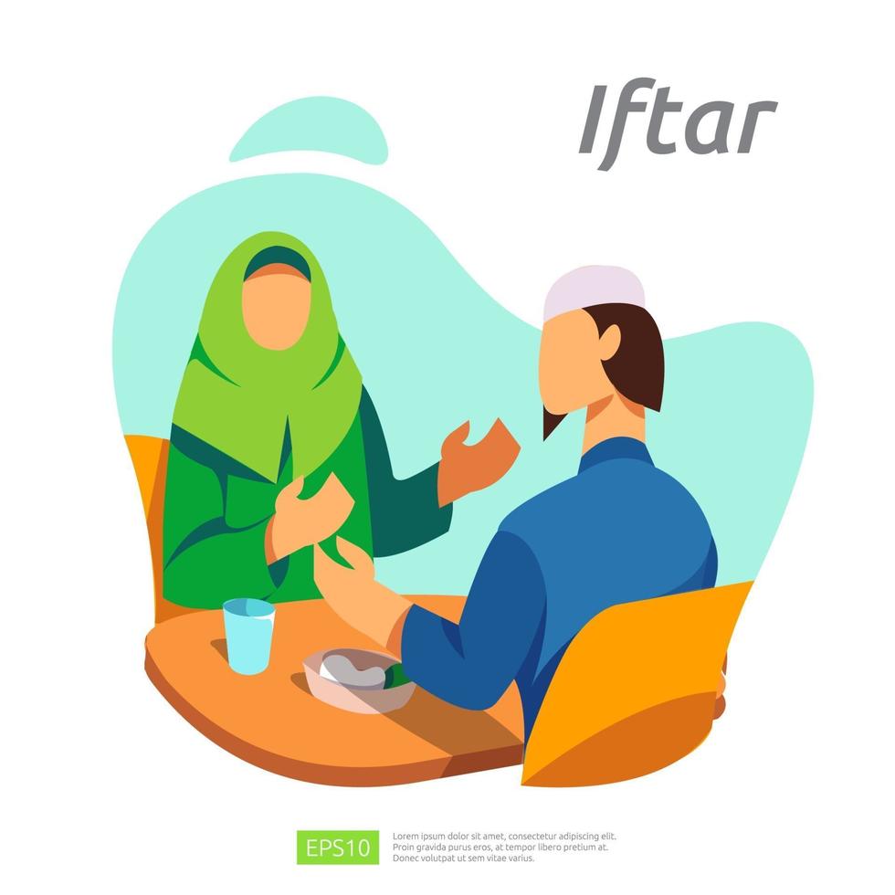 jantar em família muçulmano no ramadan kareem ou celebrando o eid com caráter de pessoas. iftar comendo após o conceito de festa de festa de jejum. modelo de página de destino da web, banner, apresentação, mídia social ou impressa vetor