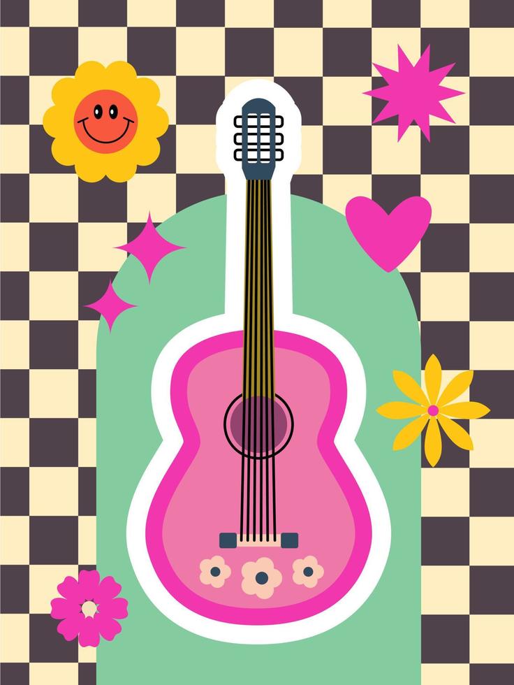 Anos 70 retro groovy hippie conceito. guitarra, groovy flores, estrelas em xadrez borda. poster, cartão, folheto, parede arte gráfico Projeto. retro renascimento vibrações vetor