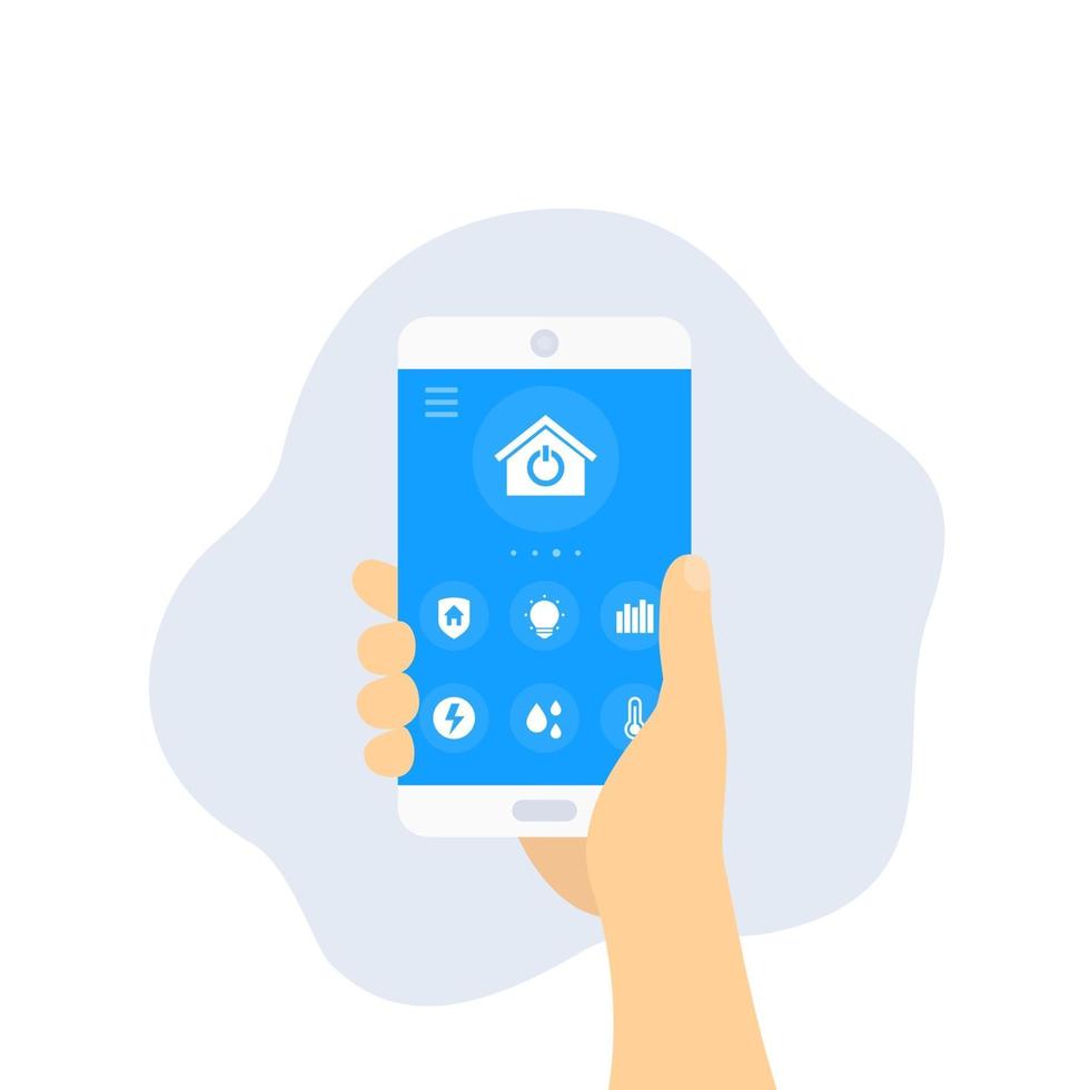 aplicativo de casa inteligente, smartphone na mão, vector.eps vetor