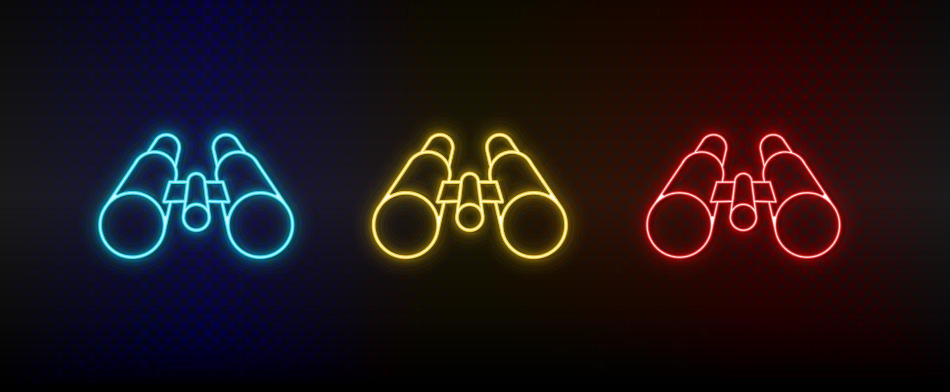 néon ícone conjunto binóculos, explorar. conjunto do vermelho, azul, amarelo néon vetor ícone em transparência Sombrio fundo