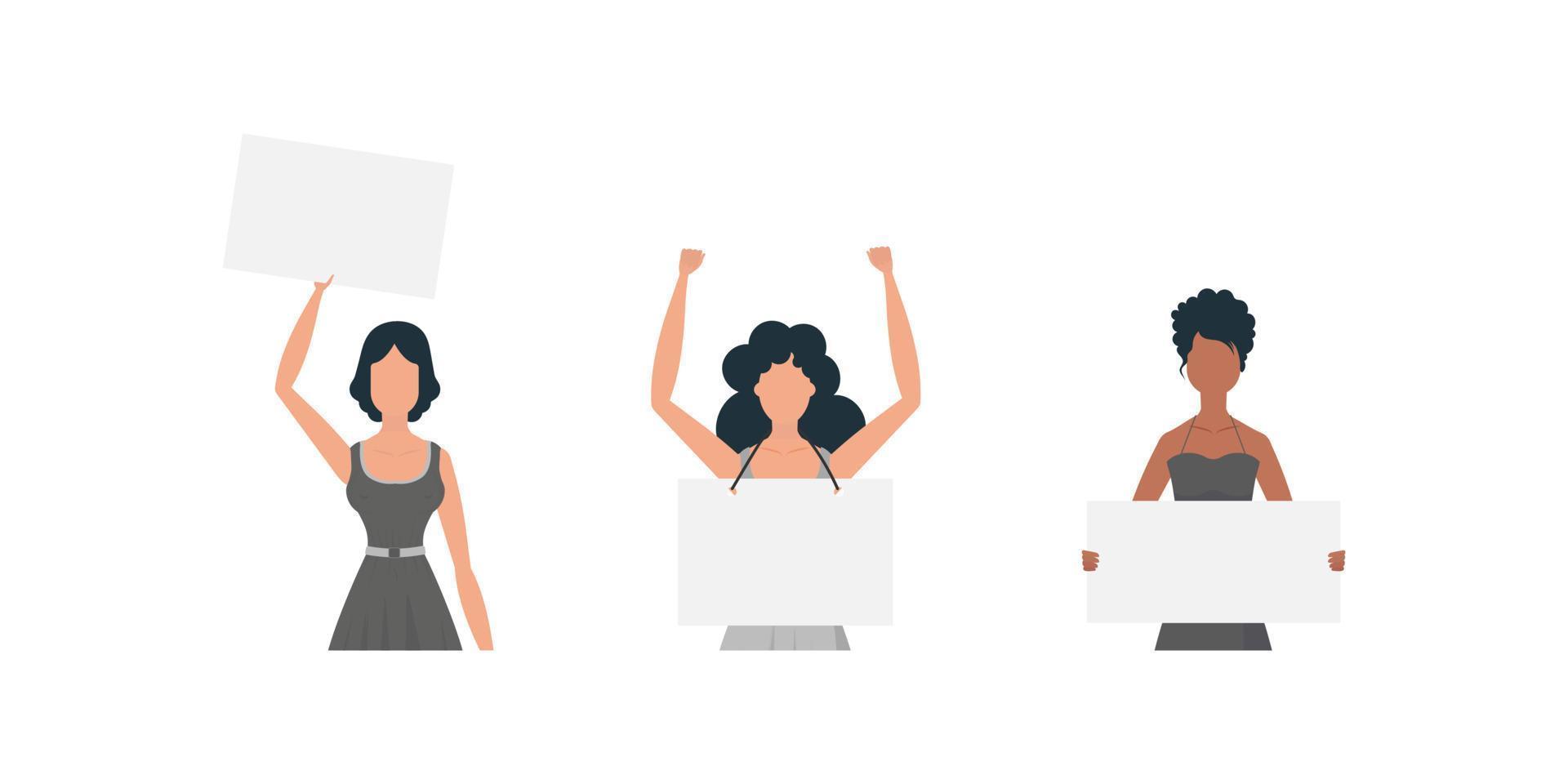 uma mulher com uma bandeira dentro dela mãos. a conceito do expressando pensamentos, insatisfação e protestos. conjunto para faixas e projetos. vetor ilustração.