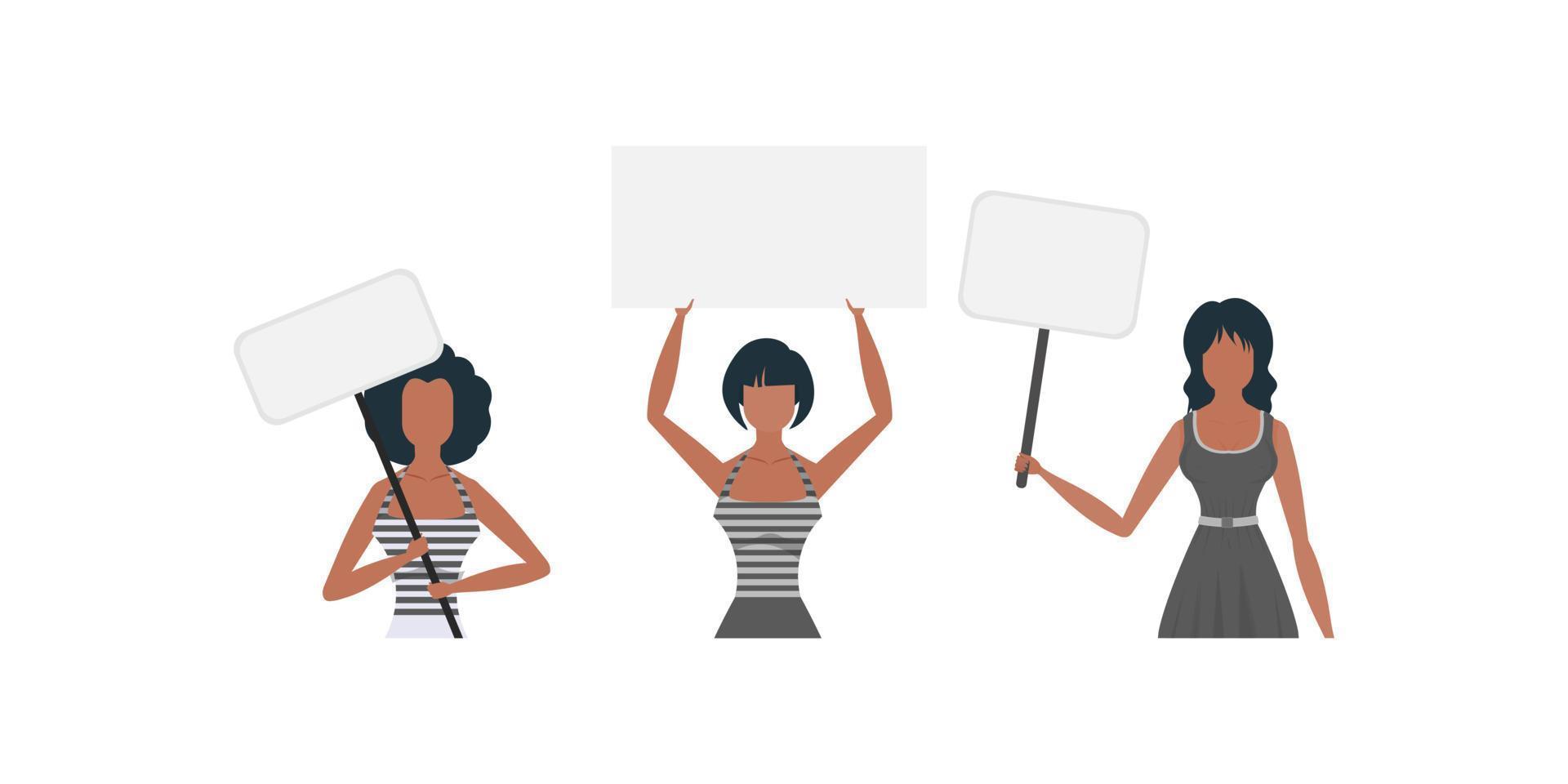 uma fofa menina é protestando com uma bandeira. protesto conceito. conjunto para faixas e projetos. vetor ilustração.