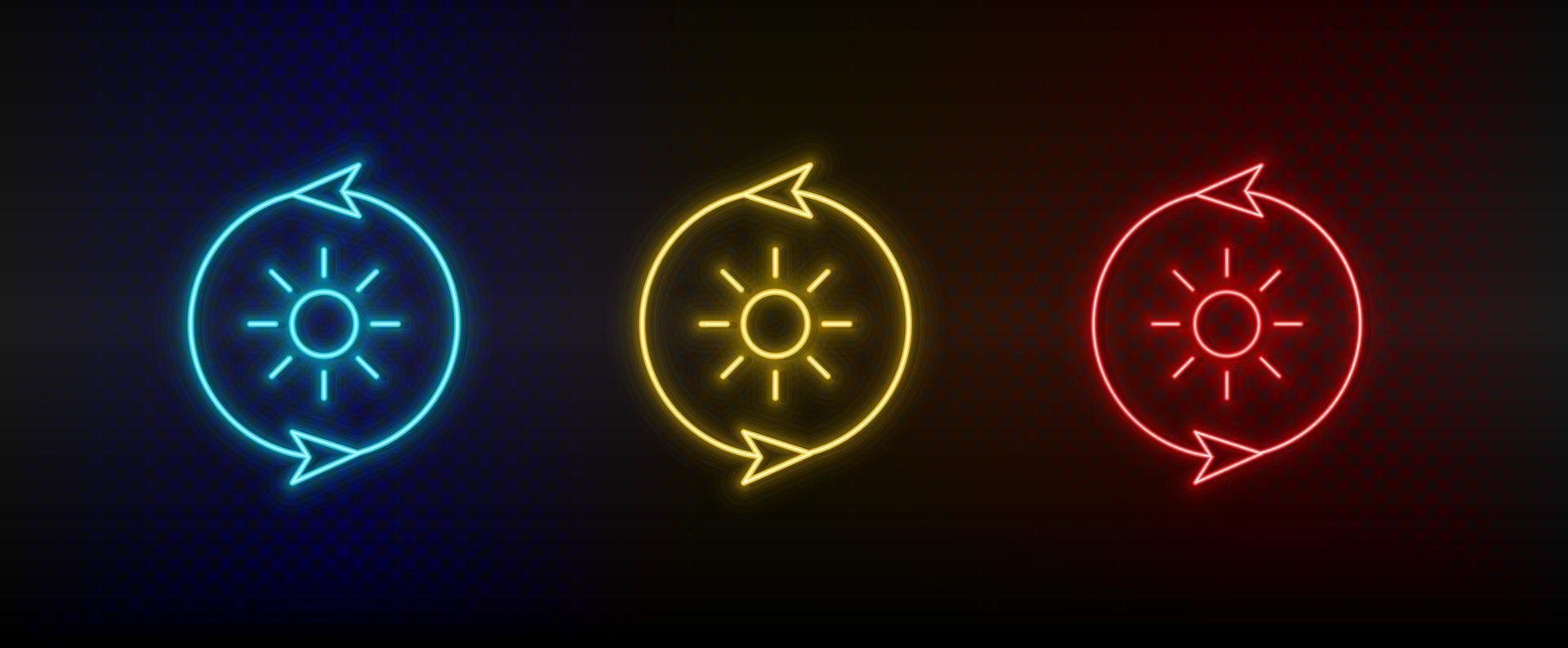néon ícone conjunto sol, energia, eco. conjunto do vermelho, azul, amarelo néon vetor ícone em transparência Sombrio fundo