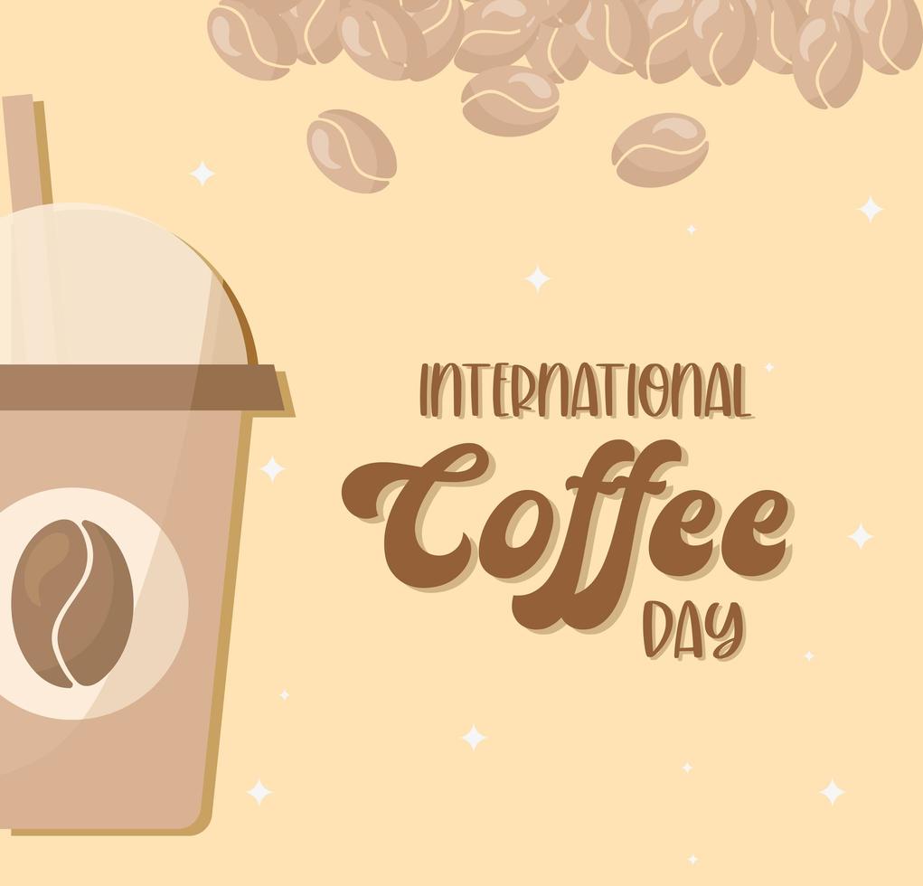 dia internacional do café com desenho vetorial de café e feijão gelado vetor