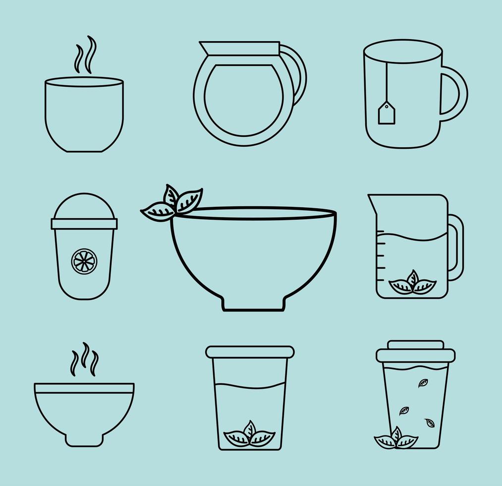 conjunto de ícones de estilo de linha de chá vetor
