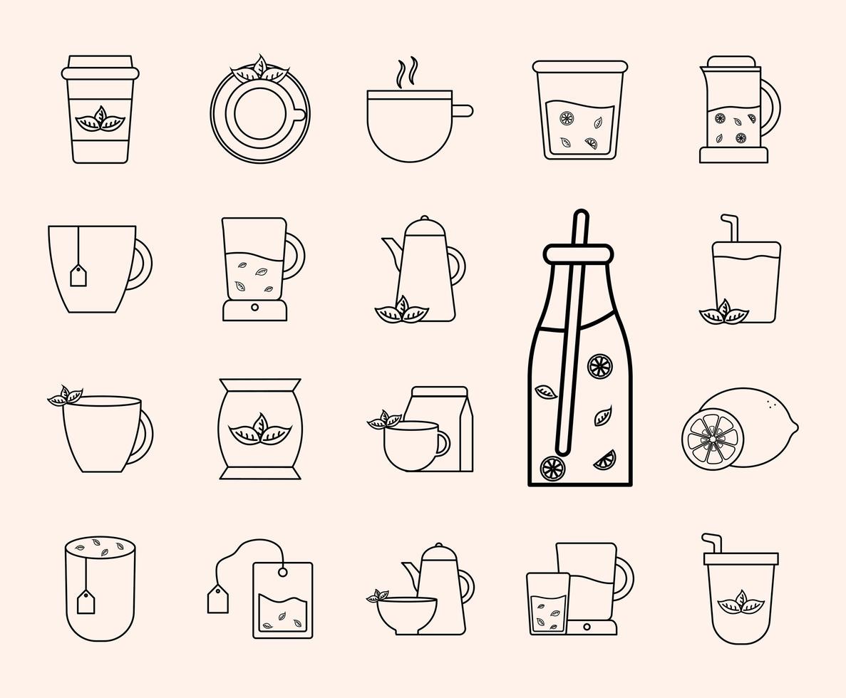 conjunto de ícones de estilo de linha de chá vetor