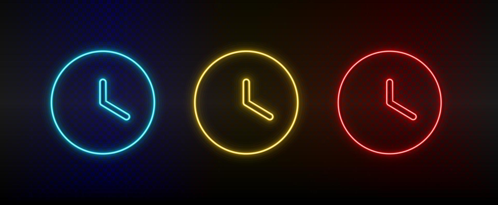 néon ícones, relógio. conjunto do vermelho, azul, amarelo néon vetor ícone em escurecer transparente fundo