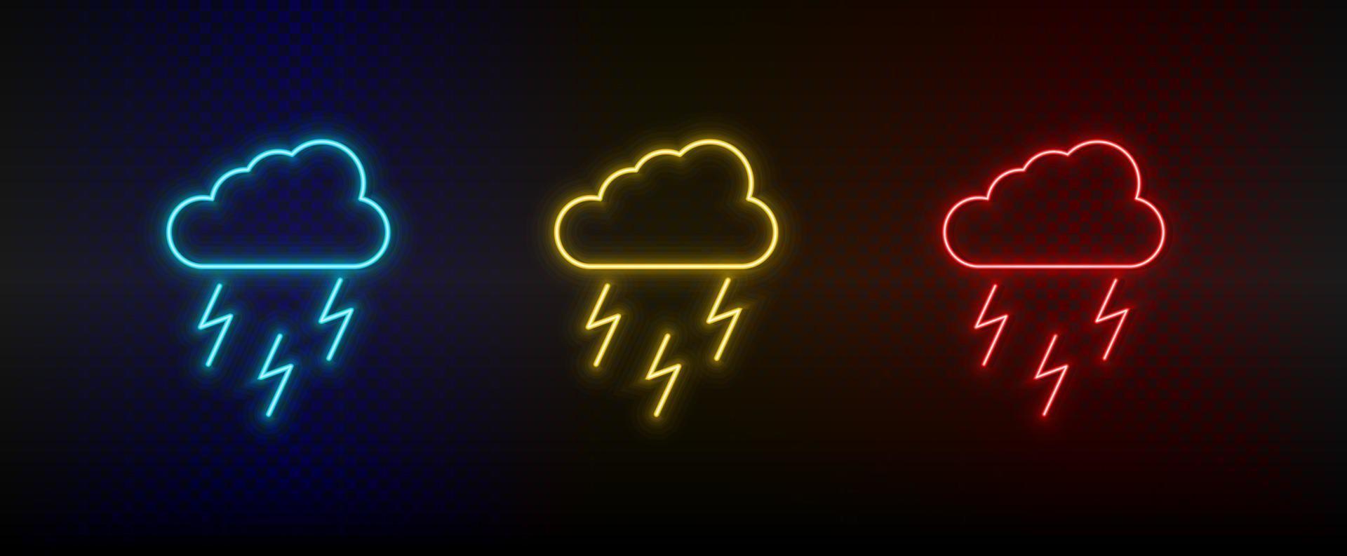 néon ícone conjunto chuva, energia, iluminação. conjunto do vermelho, azul, amarelo néon vetor ícone em transparência Sombrio fundo