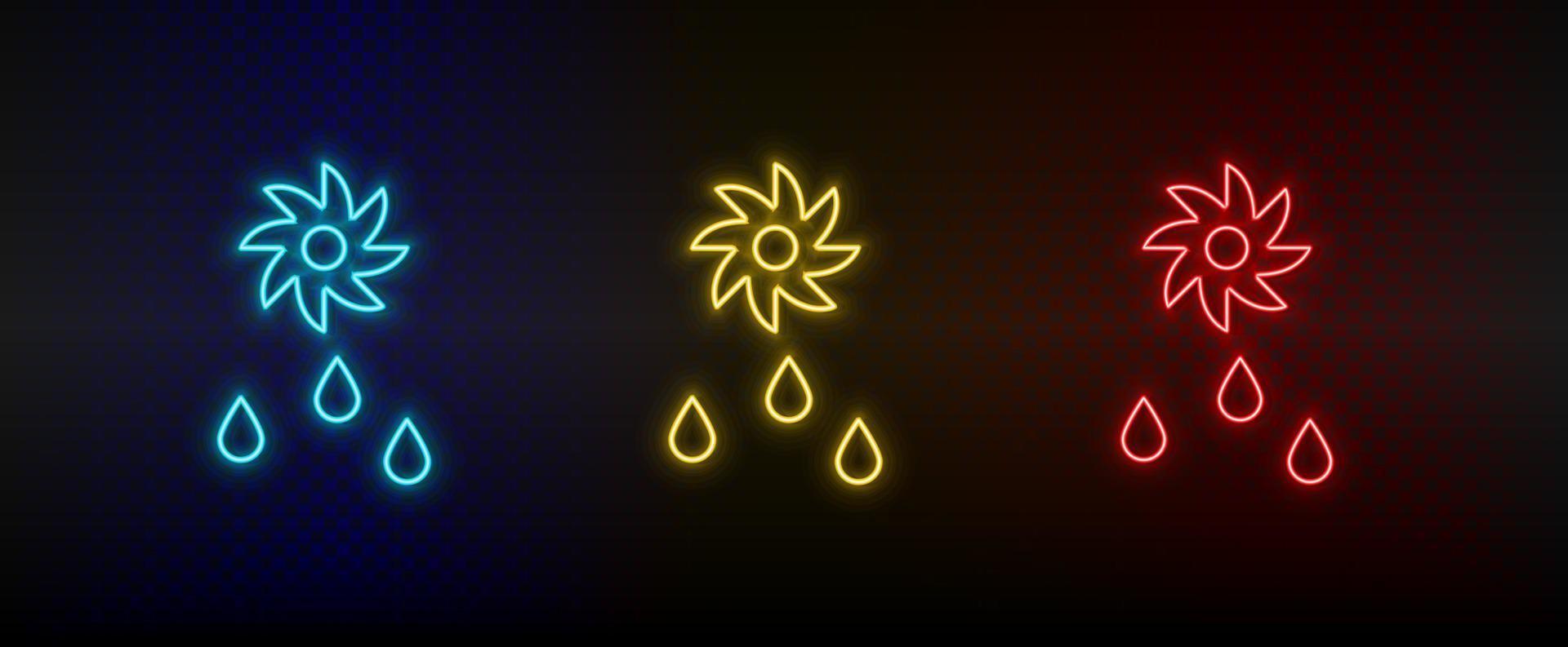 néon ícone conjunto gotas, serra, eco. conjunto do vermelho, azul, amarelo néon vetor ícone em transparência Sombrio fundo