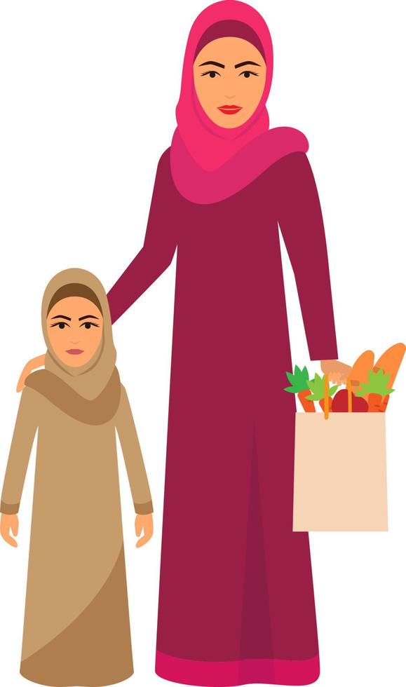 muçulmano família compras em supermercado venda desenho animado vetor ilustração com pais dentro árabe étnico roupas, equitação criança em compras carrinho com Comida perto prateleiras dentro supermercado. Comida poupança conceito