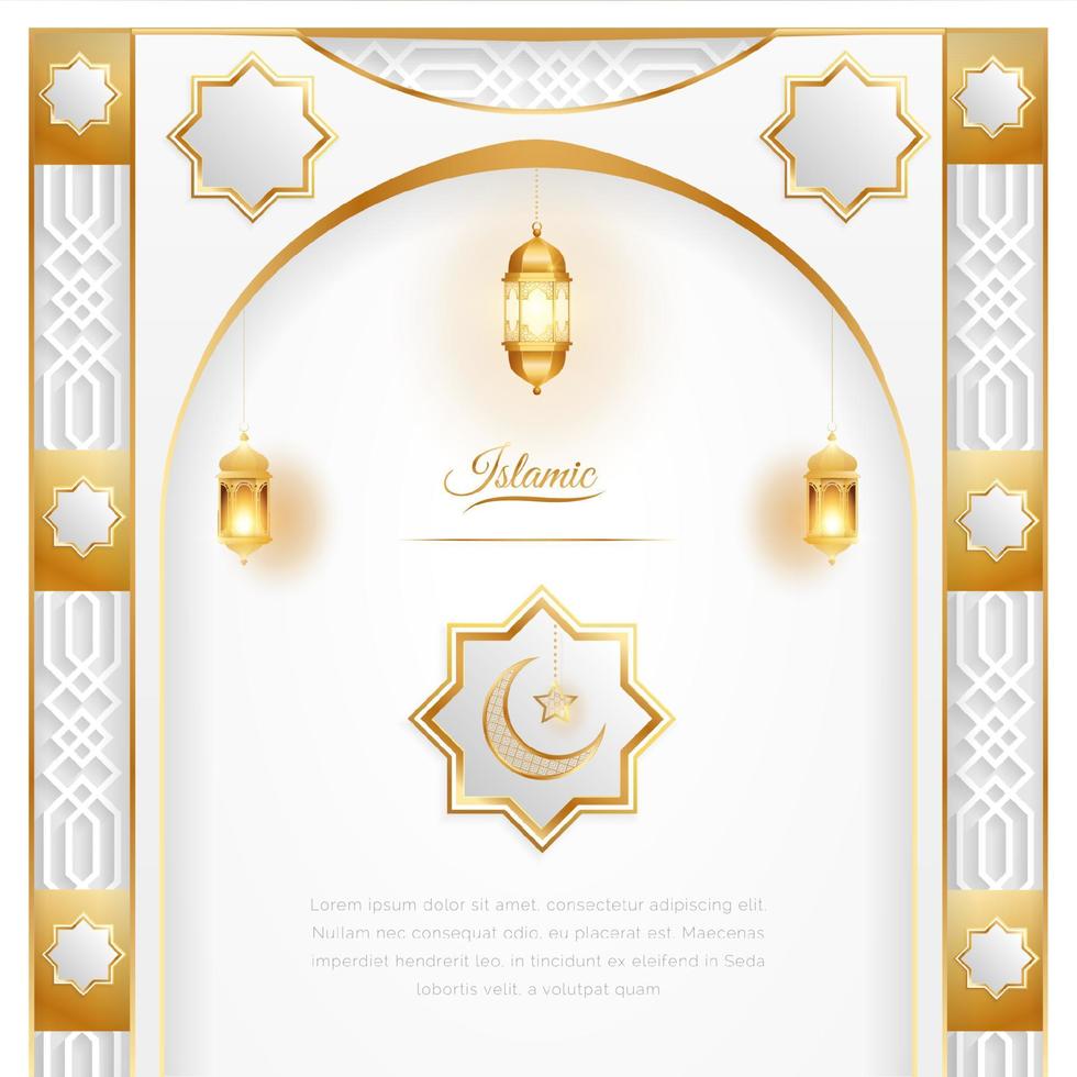 Ramadã árabe islâmico branco e dourado luxo ornamental fundo com islâmico padronizar e decorativo lanternas vetor