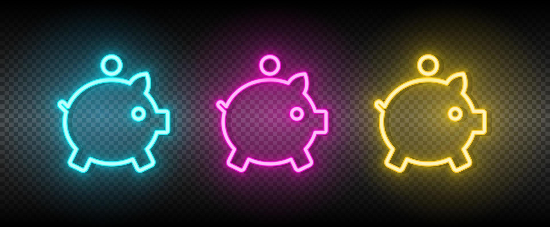 dinheiro, dinheiro, porquinho banco néon vetor ícone. ilustração néon azul, amarelo, vermelho ícone conjunto