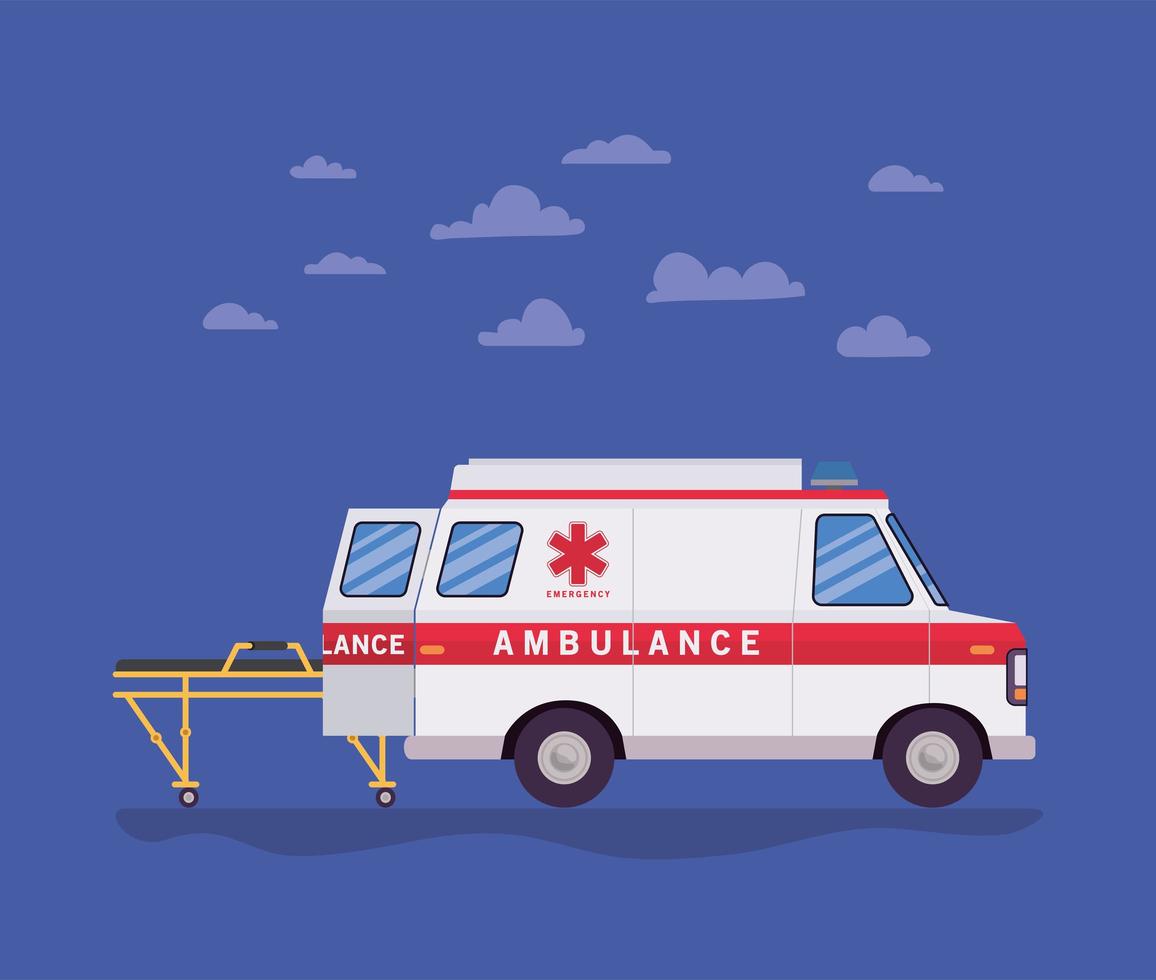 ambulância paramédico carro vista lateral maca e nuvens vetor design