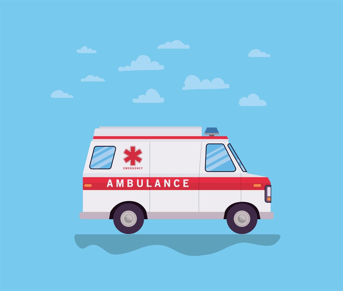 ambulância paramédica vista lateral do carro e nuvens vetor design