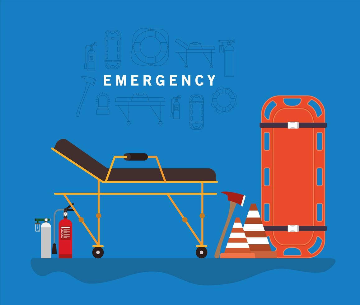 banner de emergência com maca de ambulância, cilindros de oxigênio e cones vetor