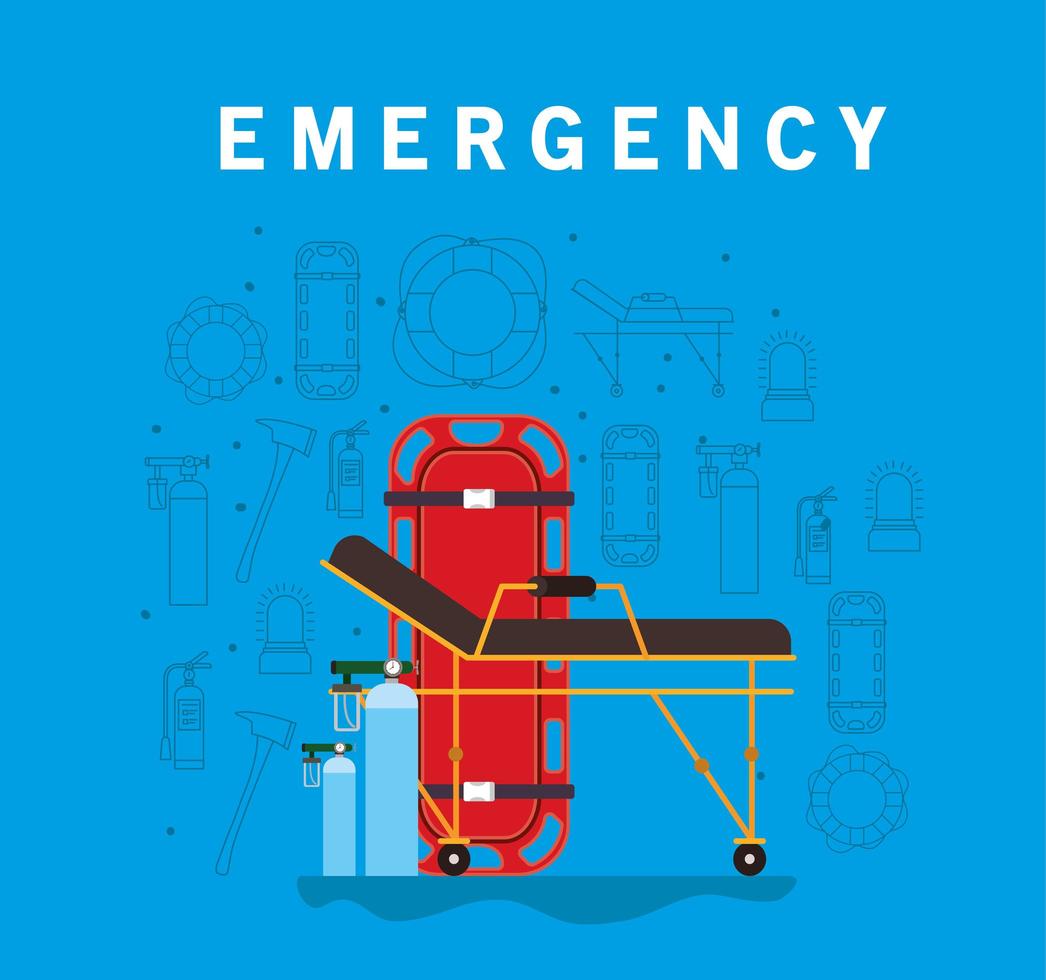 banner de emergência com maca de ambulância e cilindros de oxigênio vetor