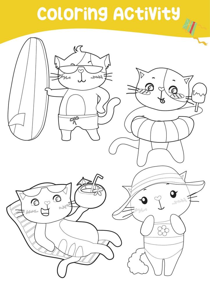 coloração página com verão tema. fofa kawaii gatos com verão Atividades. coloração Folha para crianças. vetor arquivo.