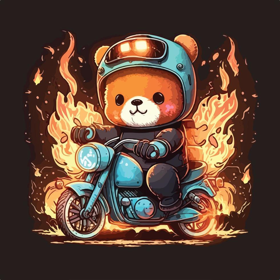 fofa ilustração do uma Urso equitação uma moto com uma queimando fogo vetor