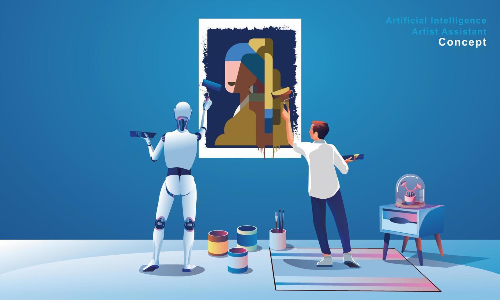 robô pintura criando obra de arte, artificial inteligência artista assistente vetor