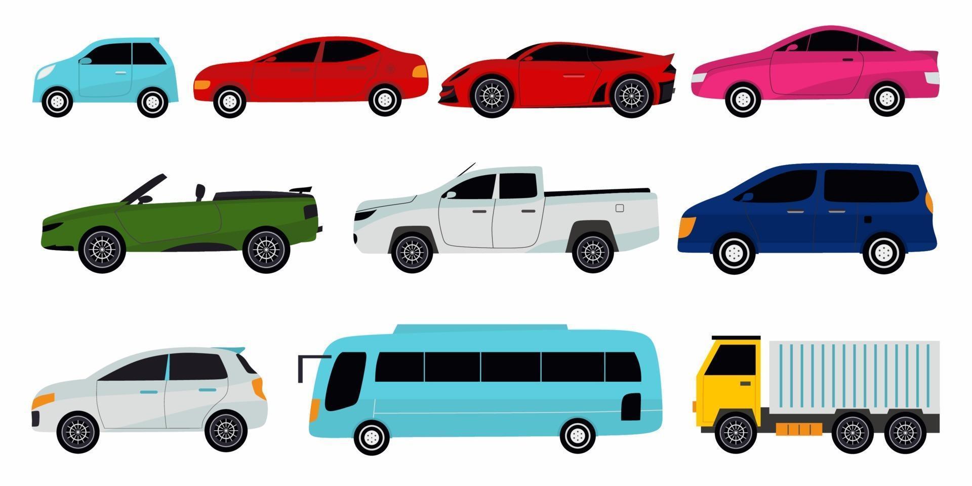 coleção de carros diferentes. carro esporte, carro antigo, carro sedan, caminhão de carga e ônibus. ilustração vetorial para automóvel, transporte, conceito de veículo. vetor