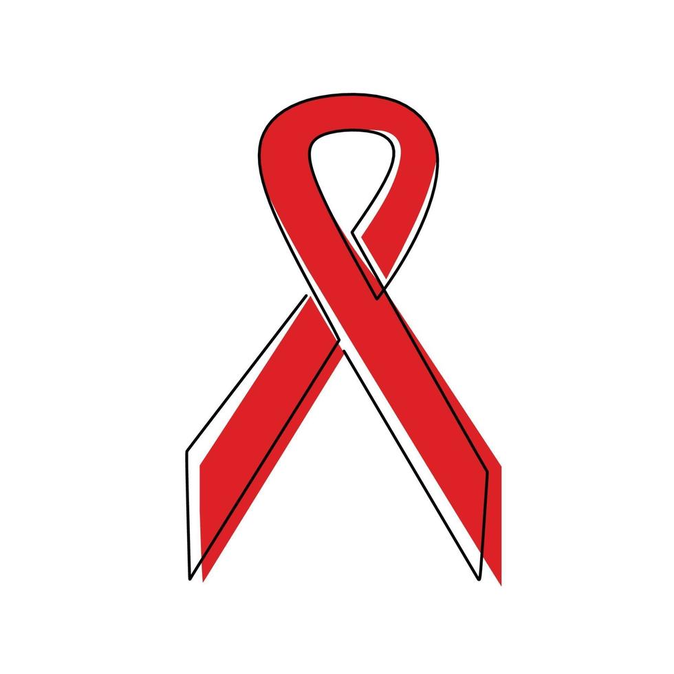 contínua uma linha de fita de crachá. apoiar e prevenir o HIV isolado no fundo branco. Dia Mundial da AIDS 1 de dezembro. conceito fita vermelha esboço ilustração vetorial design mínimo vetor