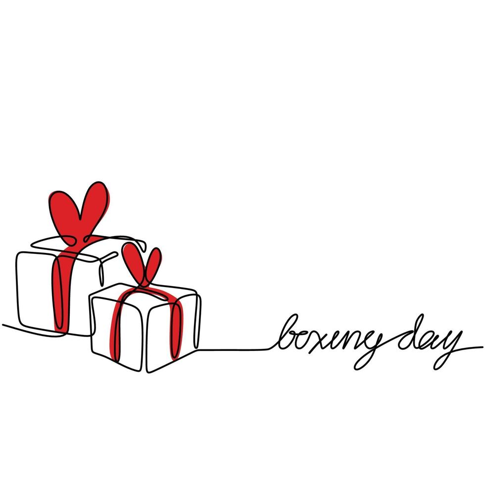 cartão de venda do boxing day. caixa de presente de linha contínua com fita vermelha e texto feliz dia de boxe isolado no fundo branco. compra cupom de desconto estilo minimalismo desenhado à mão. ilustração vetorial vetor