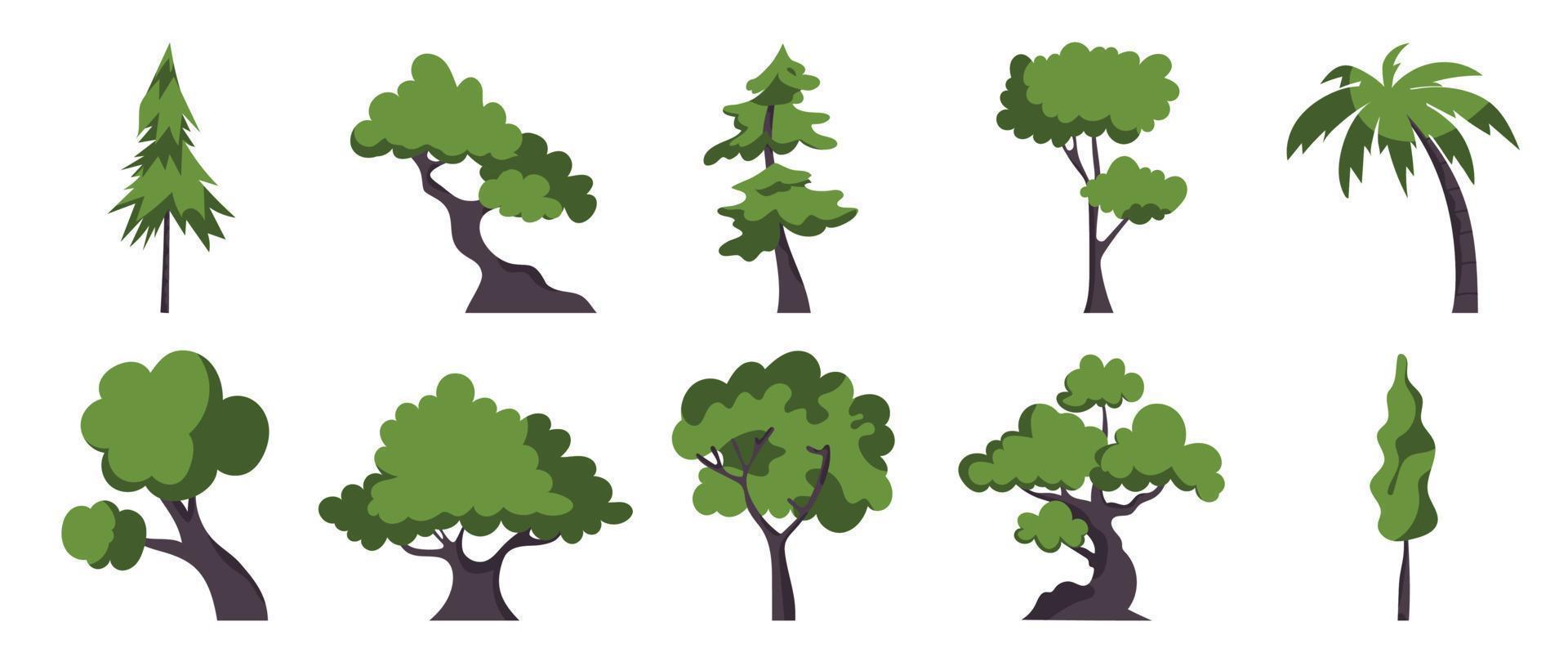 conjunto do desenho animado árvores vetor. simples moderno estilo plano floresta, selva, coco árvores, decíduo Prado fofa verde plantas. Projeto ilustração para agrícola jardim, natureza parque, quadrinho panorama. vetor