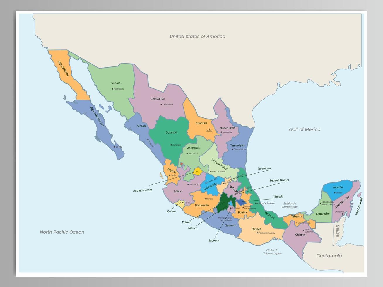 detalhado país mapa do México com em torno da fronteira vetor